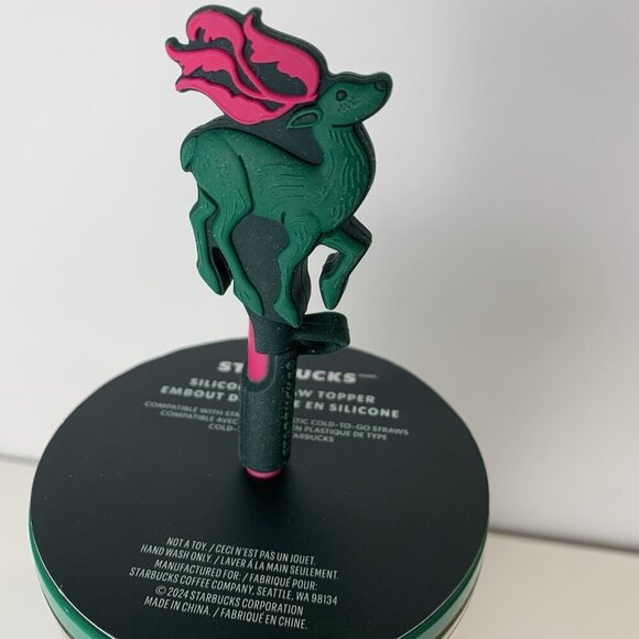 NEW Starbucks Christmas Reindeer Tumbler Gold Green 2024 Topper Straw 24 oz - Picture 2 of 9